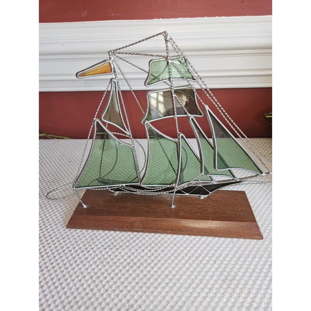 Handcrafted Stained Glass Sailboat Sculpture Signed Lloyd Linscott 1983